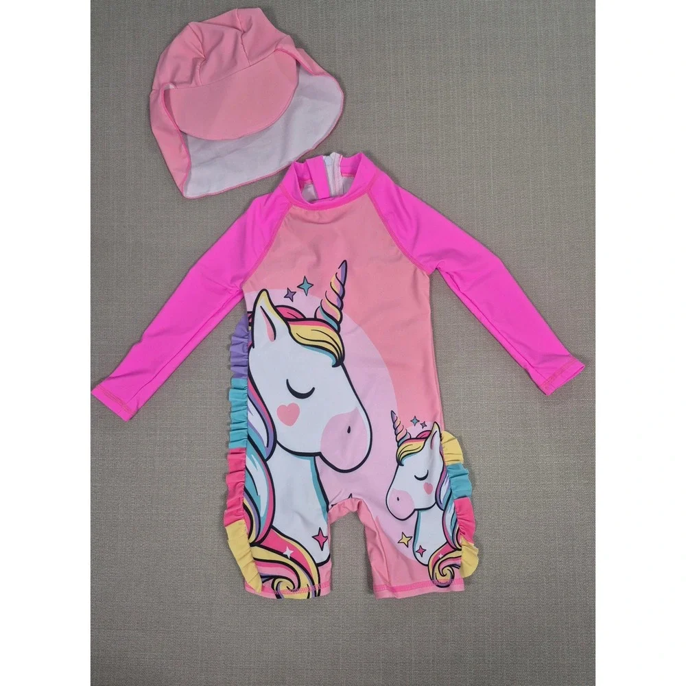 Girls Long Sleeve Rashguard One Piece Swimsuit Unicorn Pink Ruffles Hat Size 4Y